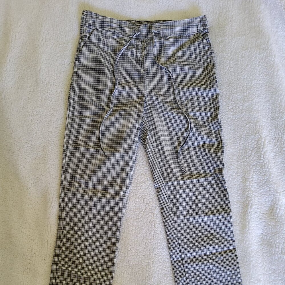 Plaid Pull On Pants M Black White Drawstring Elastic Waisted Crop Trouser Slim